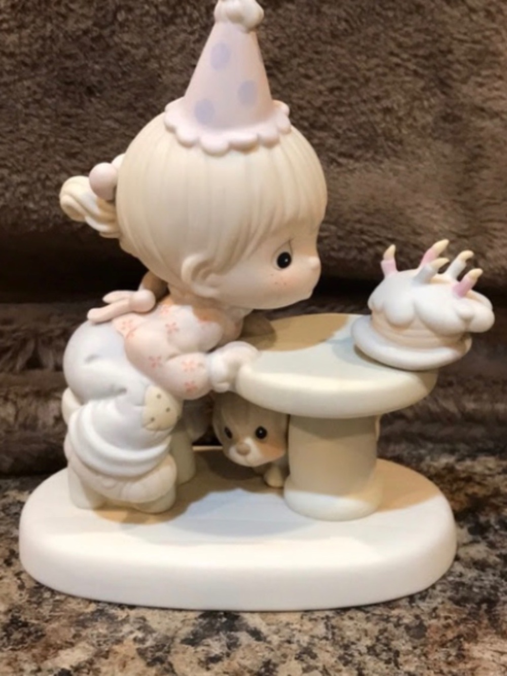 Precious Moments Porcelain Birthday Figurine Girl w/ Cake, Bunny on Table